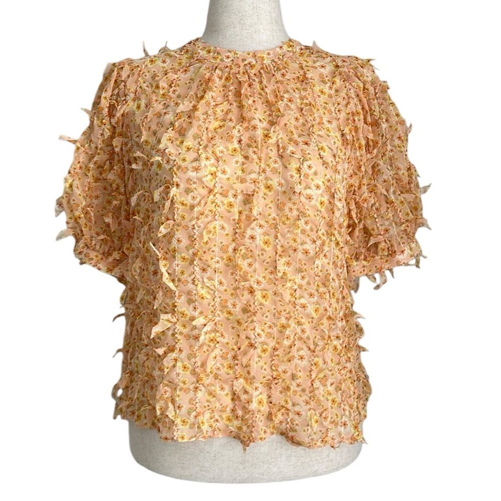 River Island Floral Yellow Blouse - Stylish Fringe, Short Sleeves Size 10US/14UK